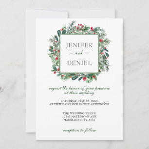 Rustikale Winter Berry Pine Grüne Hochzeit Einladung