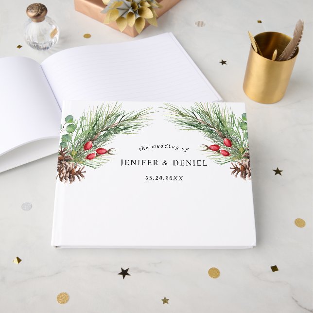 Rustikale Winter Berry Pine Grüne Hochzeit Gästebuch (Vorderseite Offen)