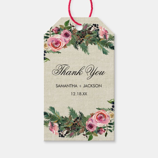 Rustikale Winter Burlap Pine Rose Hochzeit Vielen  Geschenkanhänger (Vorderseite)