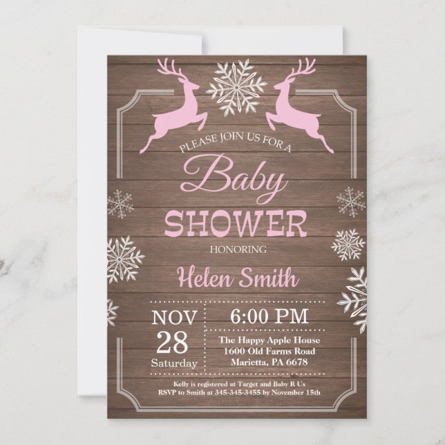 Rustikale Winter Deer Snowflake Girl Babydusche Einladung (Vorderseite)