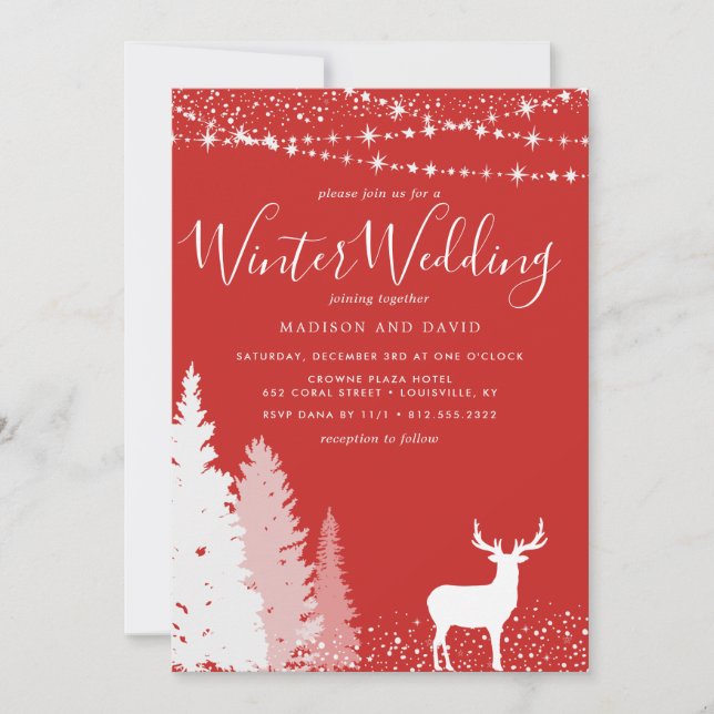Rustikale Winter Deer Woodland Red Wedding Einladung (Vorderseite)