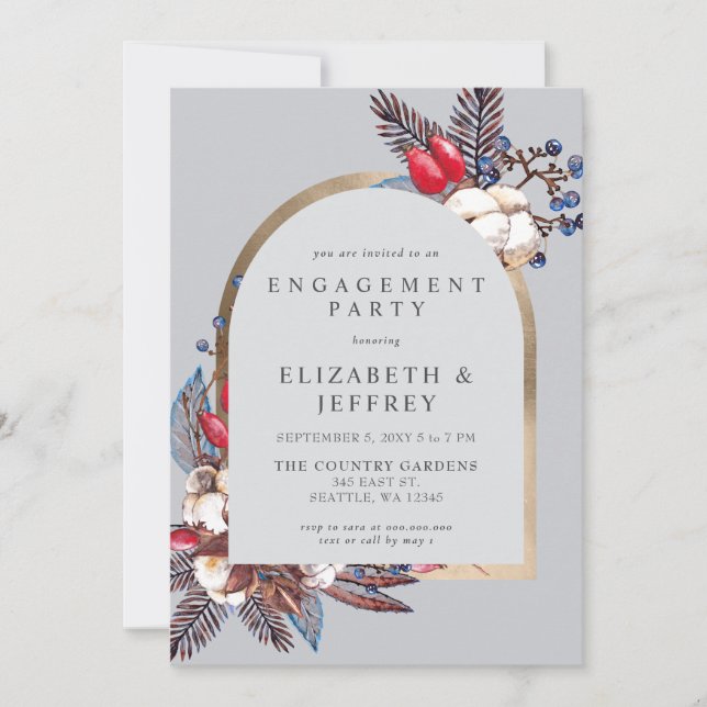 Rustikale Winter Florals Arted Engagement Party Einladung (Vorderseite)
