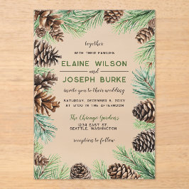 Rustikale Winter Foliage Pine Wedding Acryleinladungen