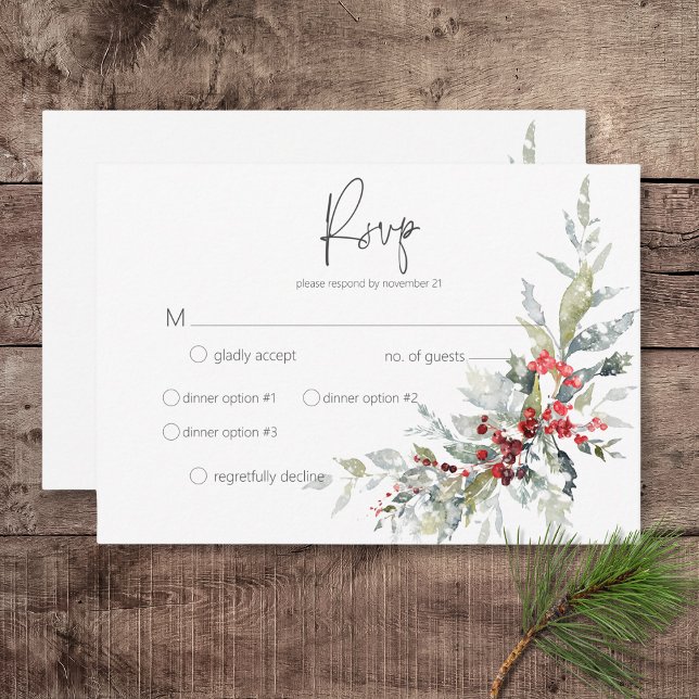 Rustikale Winter Holly Berries & Snow Wedding RSVP Karte (Rustic Winter Holly Berries & Snow Wedding Response Card with Dinner Options)