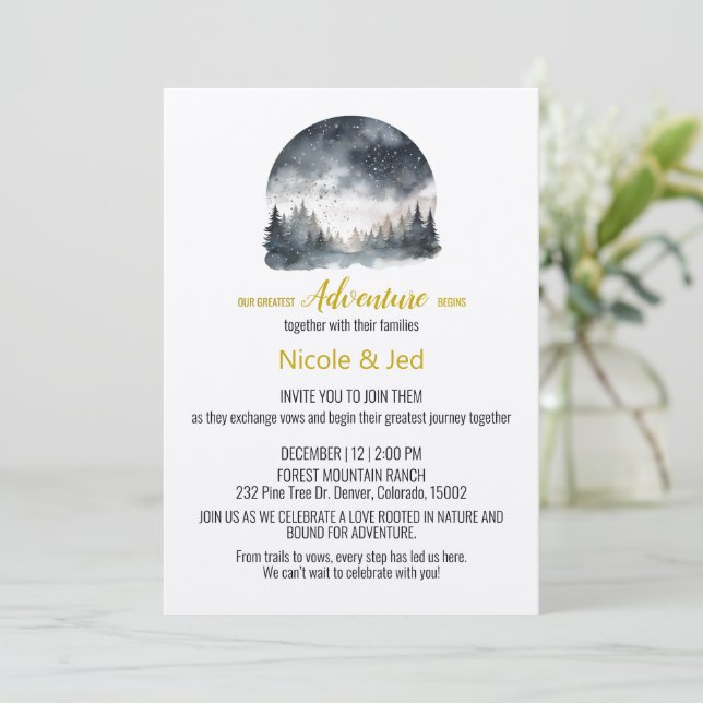 Rustikale Winter Kraft Pine Trees Outdoor Wedding Einladung (Stehend Vorderseite)