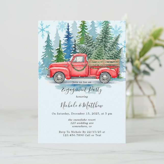 Rustikale Winter Wedding Truck Engagement Party Einladung (Stehend Vorderseite)