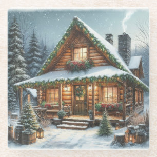Rustikale Winter-/Weihnachtsschneekabine Glasuntersetzer