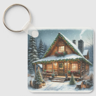 Rustikale Winter-/Weihnachtsschneekabine Schlüsselanhänger