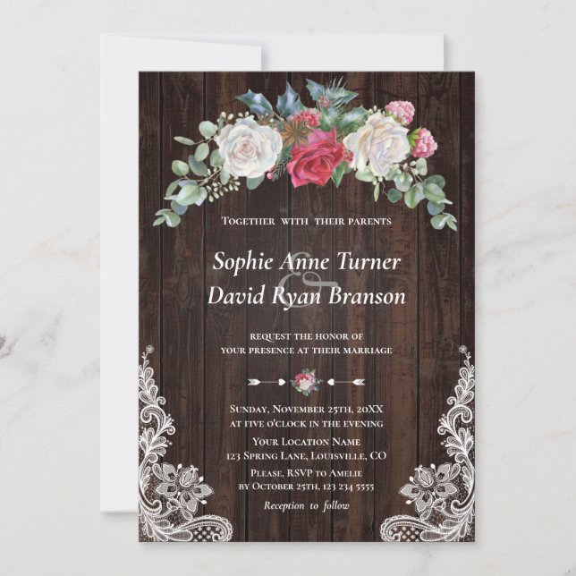 Rustikale Winter White Red Floral Wood Lace Weddin Einladung (Vorderseite)