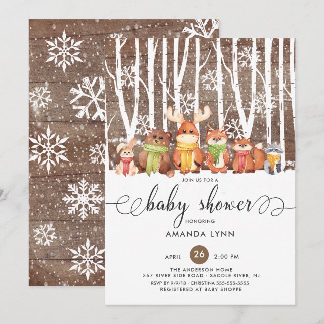 Rustikale Winter Woodland Animals Kinderdusche Einladung (Vorne/Hinten)