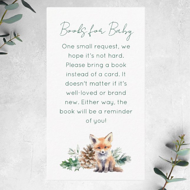 Rustikale Winter Woodland Babydusche Buchanfrage Begleitkarte (This rustic woodland Book Request baby shower card features a cute fox and winter greenery)