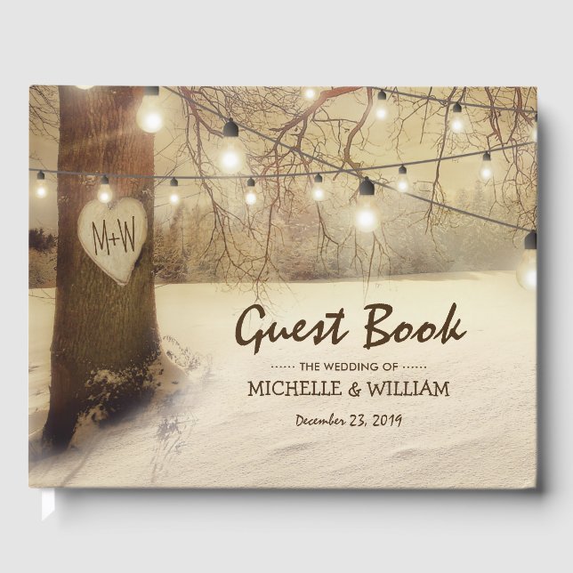 Rustikale Winterbaum Weihnachtsbeleuchtung Hochzei Gästebuch (Vorderseite)