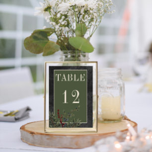 Rustikale Winterbeeren & Kiefer Schwarze Hochzeit Tischnummer