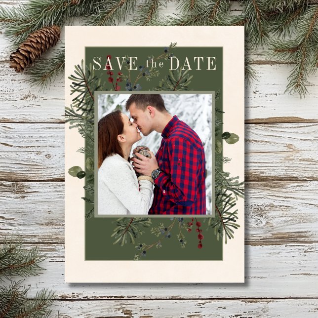 Rustikale Winterbeeren & Tannengrün-Creme Save The Date (Von Creator hochgeladen)