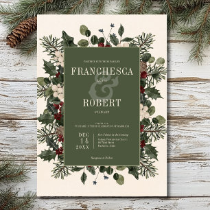 Rustikale Winterbeeren- und Kiefern-Cream-Hochzeit Einladung