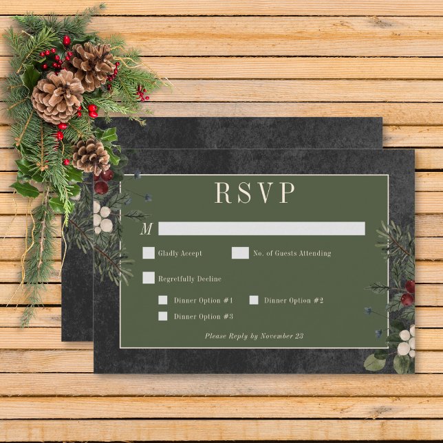 Rustikale Winterfrüchte & Pine Black Dinner RSVP Karte (Rustic Winter Berries & Pine Black Wedding Response Card with Dinner Options)