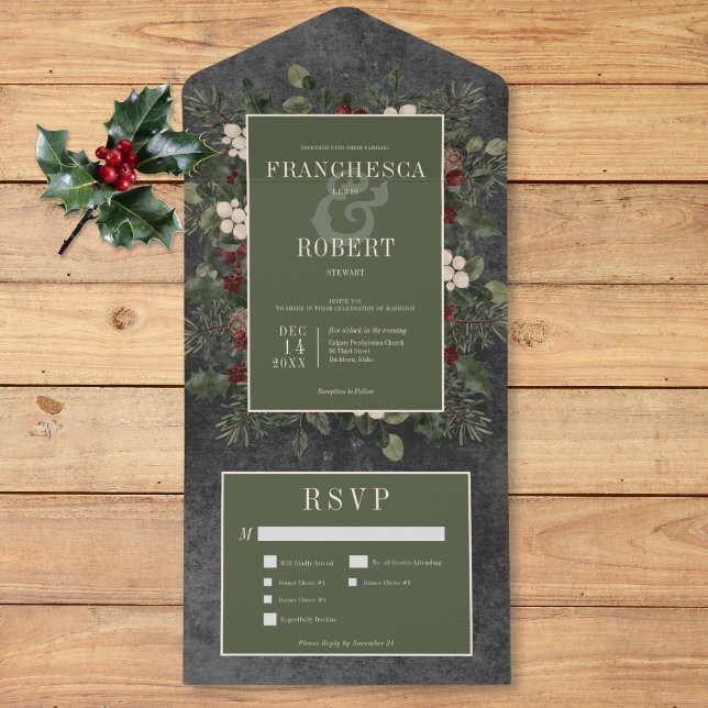 Rustikale Winterfrüchte & Pine Black Drei Abendess All In One Einladung (Rustic Winter Berries & Pine Black Three Dinner All In One Invitation)