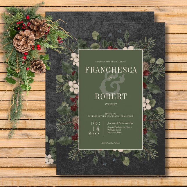 Rustikale Winterfrüchte & Pine Black Wedding Einladung (Rustic Winter Berries & Pine Black Wedding Invitation)