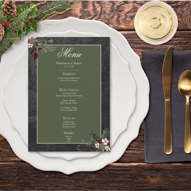 Rustikale Winterfrüchte & Pine Black Wedding Menükarte (Rustic Winter Berries & Pine Black Wedding Menu)