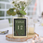 Rustikale Winterfrüchte & Pine Black Wedding Tischnummer<br><div class="desc">Die bezaubernde Tischnummer der Winterhochzeit, die Teil einer Designsuite ist, in der zeitlose Eleganz und die Schönheit der Saison vereint. Der reiche schwarze Holzkohlhintergrund, kunstvoll bedrängt mit sanften weißen Akzenten, Set einen fesselnden Ton für Ihren besonderen Tag. Genießen Sie den Geist des Winters mit einer Textbox aus dunkelgrünen Salbei, die...</div>