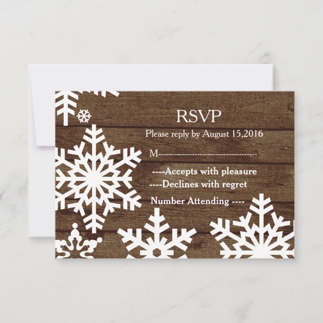 Rustikale Winterhochzeit Holzschneeflocken UAWG RSVP Karte (Vorderseite)