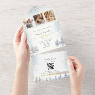 Rustikale Winterhochzeit im Wasserfarbenwald All In One Einladung