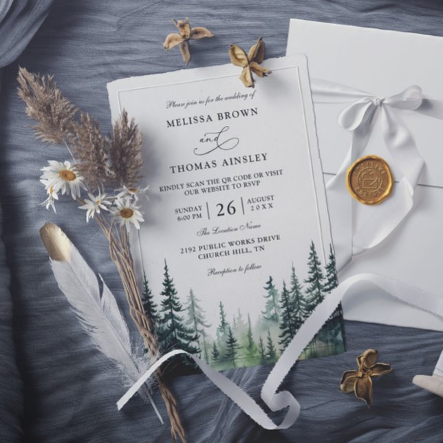 Rustikale Winterkiefern Budget QR-Code Hochzeit Einladung (Von Creator hochgeladen)
