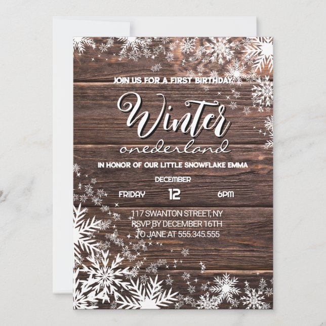 Rustikale Winterlandschaft 1. Geburtstag Einladung (Vorderseite)