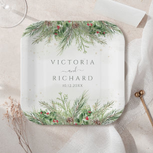 Rustikale Winterlandschaft Berries Pine Cone Weddi Pappteller