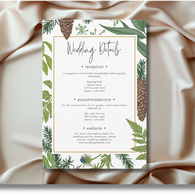 Rustikale Winterlandschaft & Kiefernrahmen Hochzei Begleitkarte (Rustic Winter Nature & Pine Frame Wedding Details Enclosure Card)