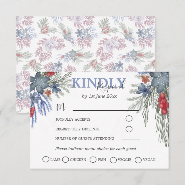 Rustikale Winterlandschaft Wasserfarbenhochzeit RS RSVP Karte (Vorne/Hinten)