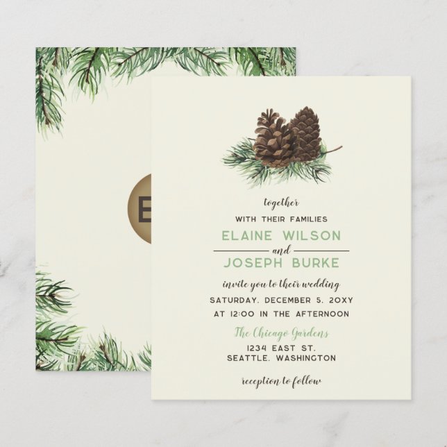 Rustikale Winterpine Cone Hochzeit Einladung (Vorne/Hinten)