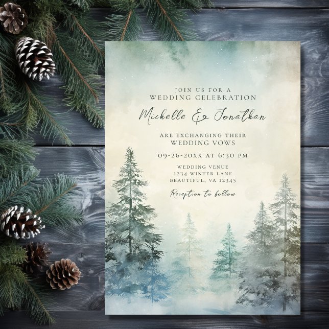 Rustikale Winterpinienwaldhochzeit Einladung (Front - Rustic Winter Pine Forest Woodland Wedding Invitation)