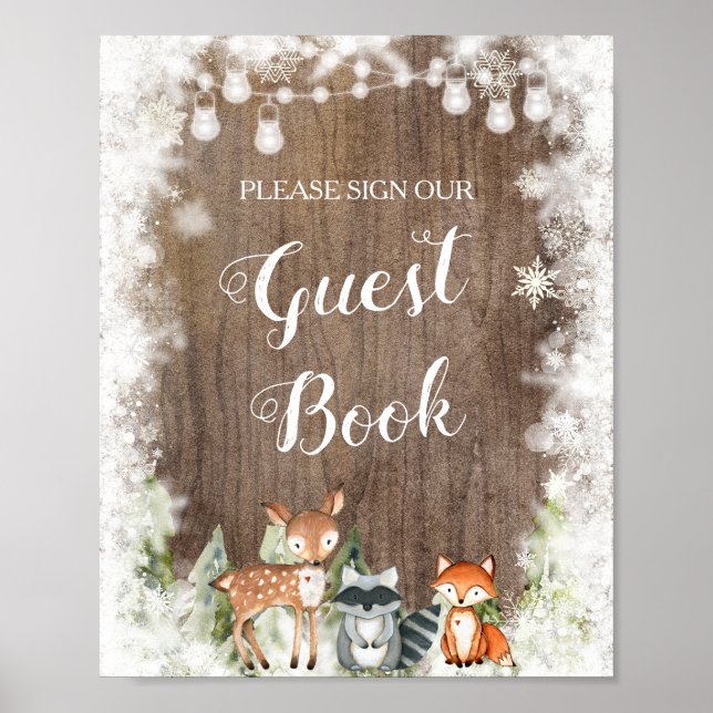 Rustikale Wintertiere Woodland Baby Gästebuch (Vorne)
