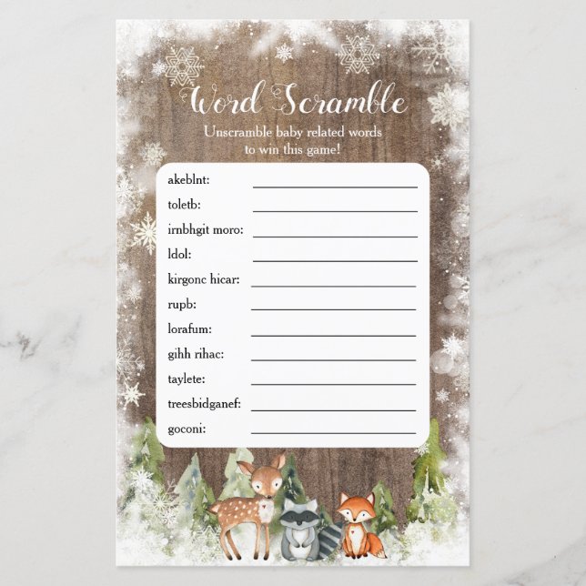 Rustikale Wintertiere Woodland Baby Word Scramble (Vorderseite)