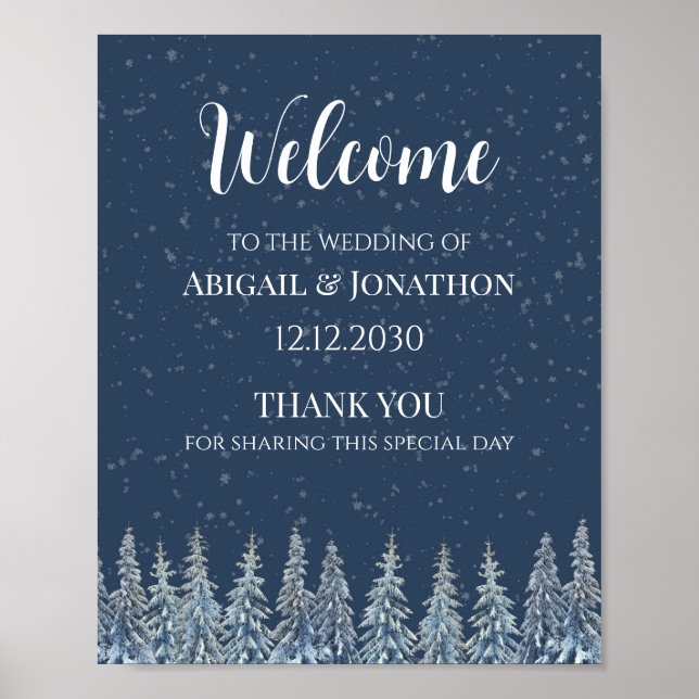 Rustikale Winterwald-Hochzeitsbegrüßung Poster (Vorne)