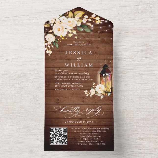 Rustikale Wood Blush-Rose Hochzeitsstift QR All In One Einladung (Innen Boden)