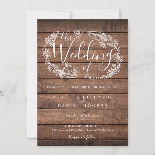 Rustikale Wood Floral Garland Script Hochzeit Einladung (Vorderseite)