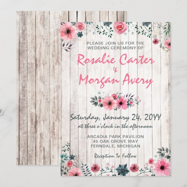 Rustikale Wood Floral Rose Land Hochzeit Einladung (Vorne/Hinten)