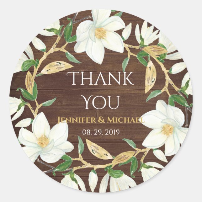 Rustikale Wood Magnolia Custom Wedding Runder Aufkleber (Vorderseite)