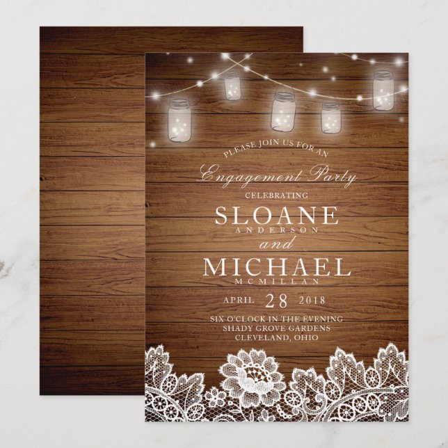 Rustikale Wood Mason Jar Lace Engagement Party Einladung (Vorne/Hinten)
