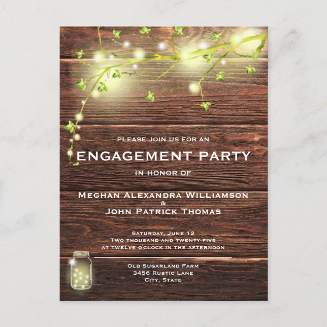 Rustikale Wood Mason String Lights Engagement Part Postkarte (Vorderseite)