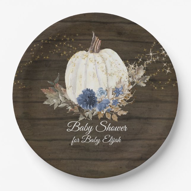Rustikale Wood Navy Blue Floral Pumpkin Baby Dusch Pappteller (Vorderseite)