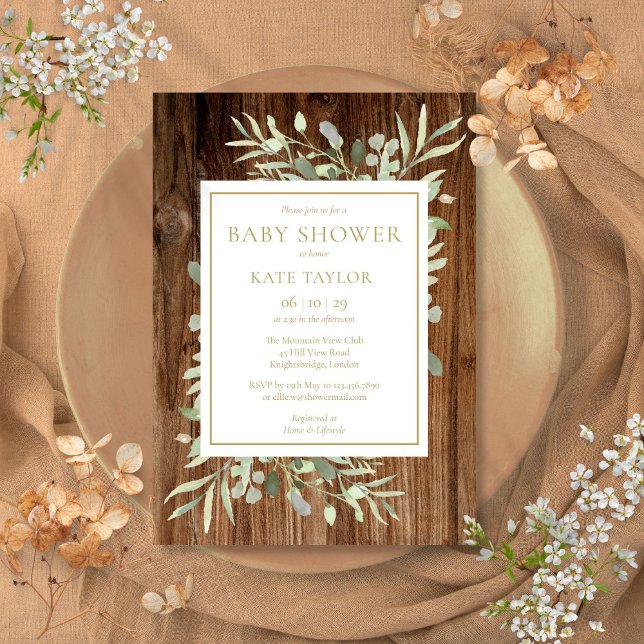 Rustikale Wood Neutral Baby Dusche | Sprinkle Einladung (Rustic Wood Greenery Floral Baby Shower Invitation)