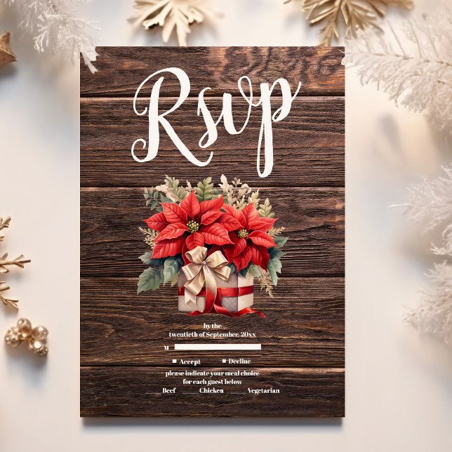 Rustikale Wood Poinsettia Weihnachtsfeier RSVP Karte (Von Creator hochgeladen)