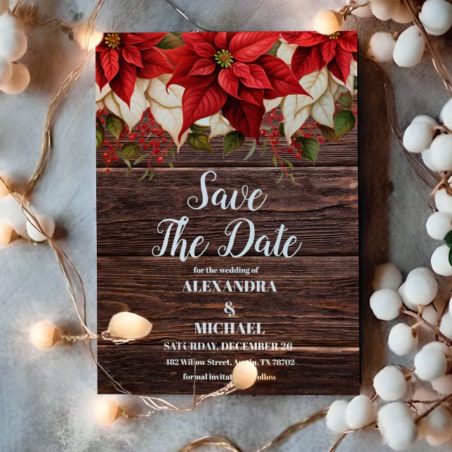 Rustikale Wood Poinsettia Weihnachtsfeier Save The Date (Von Creator hochgeladen)