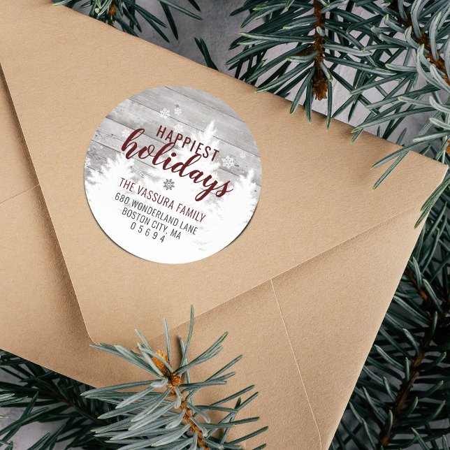 Rustikale Wood Winter Tree Burgund Rücksendeadress Runder Aufkleber (Rustic Wood Winter Tree Burgundy Return Address Classic Round Sticker)