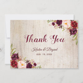 Rustikale Woodgrain Burgundy Blush Floral Wedding Dankeskarte