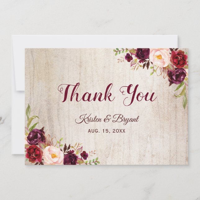 Rustikale Woodgrain Burgundy Blush Floral Wedding Dankeskarte (Vorderseite)