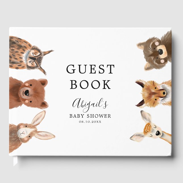 Rustikale Woodland Animal Baby Dusche Gästebuch (Vorderseite)